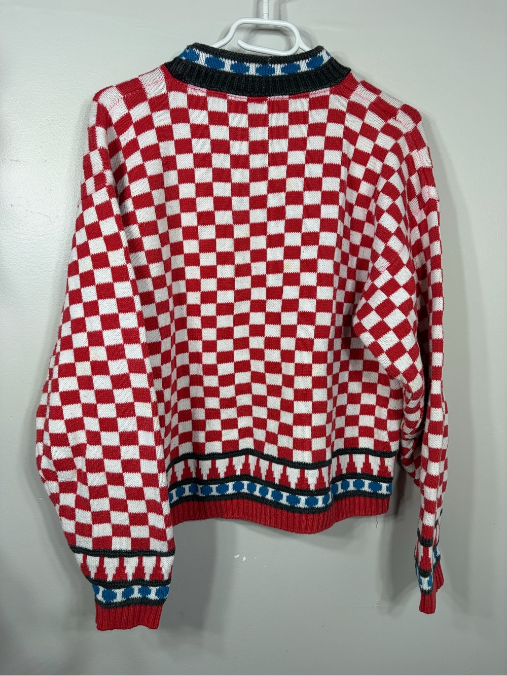 Vintage Harot Red White Checkerboard 100% Cotton Knit Sweater Made USA - Picture 3 of 3